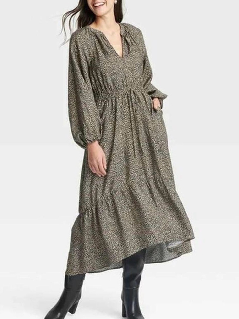 A New Day Long Sleeve Tiered Leopard Print Midi Dress.